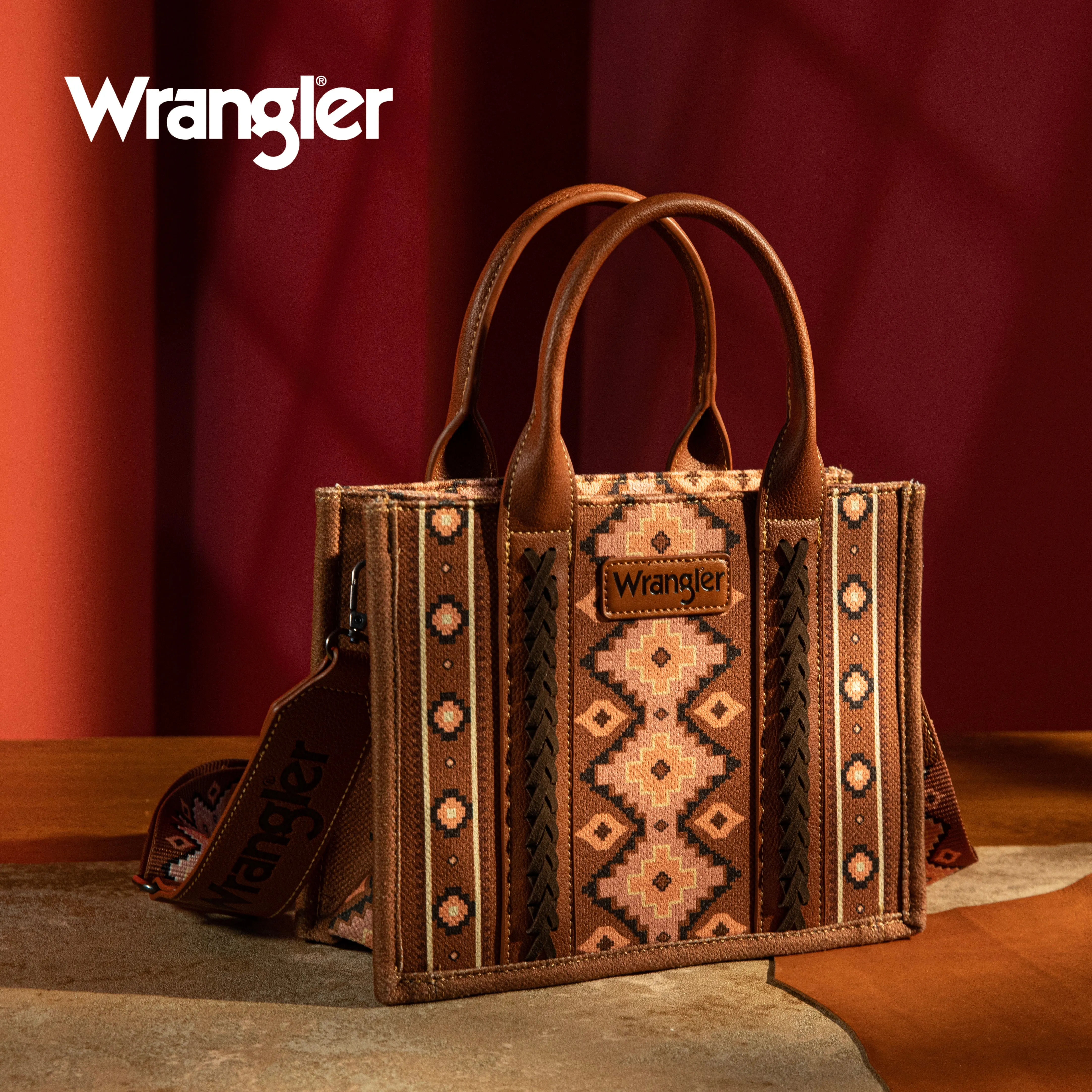 WG2203-8120S  Wrangler Southwestern  Print Small Canvas Tote/Crossbody - Dark Brown