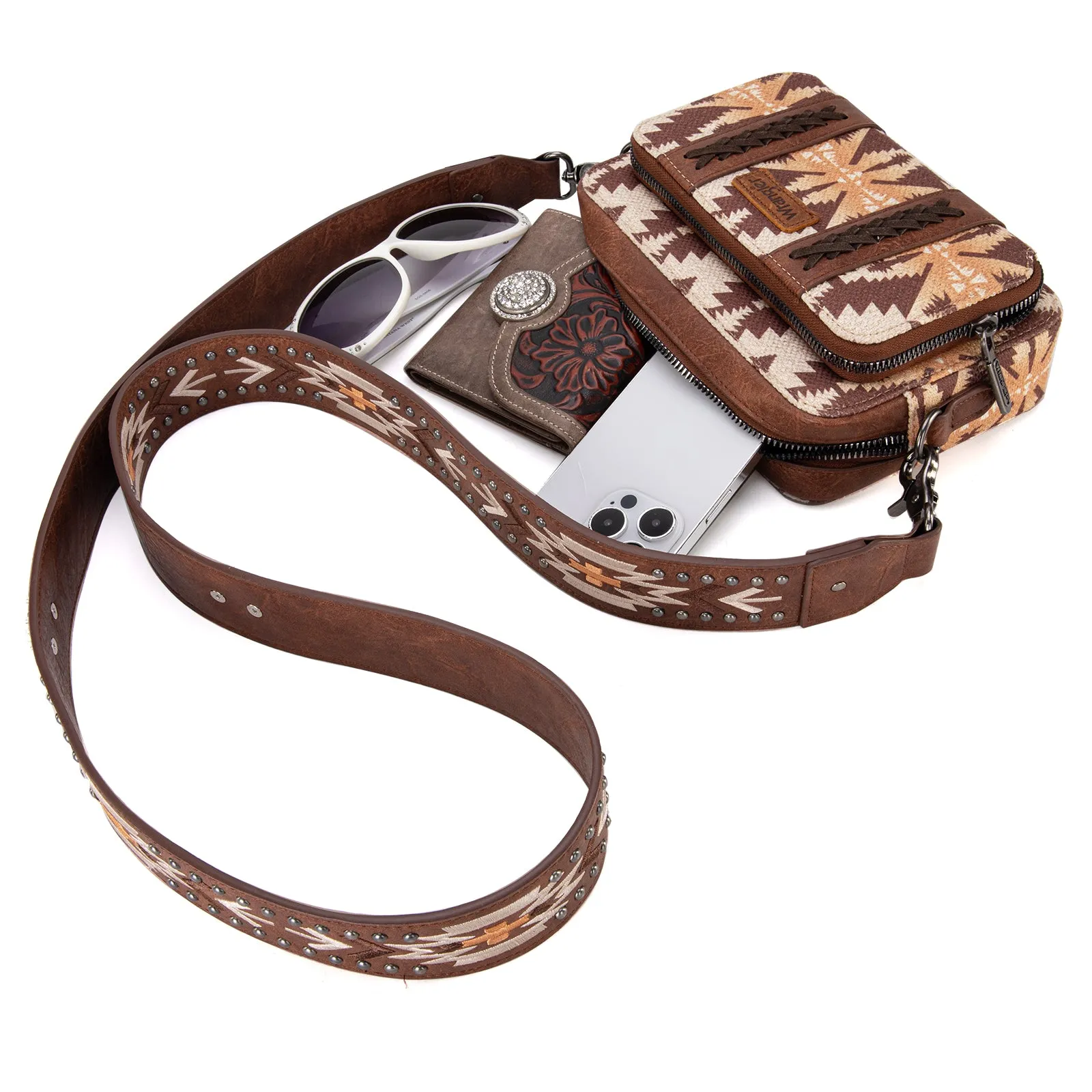 WG2207-3003  Wrangler Aztec Printed Crossbody Purse With Wallet Compartment - Light Coffee