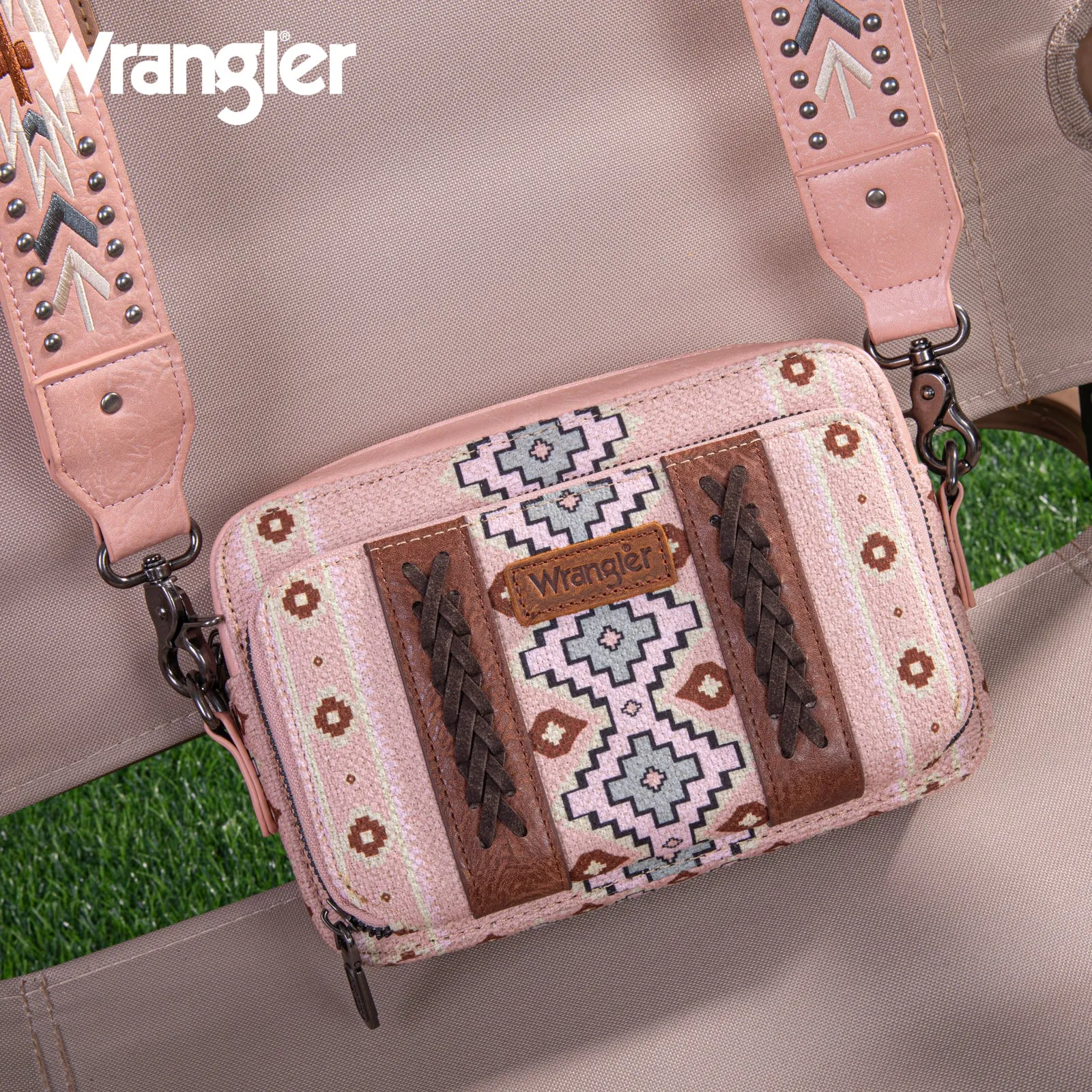 WG2207-3003  Wrangler Aztec Printed Crossbody Purse With Wallet Compartment - Pink