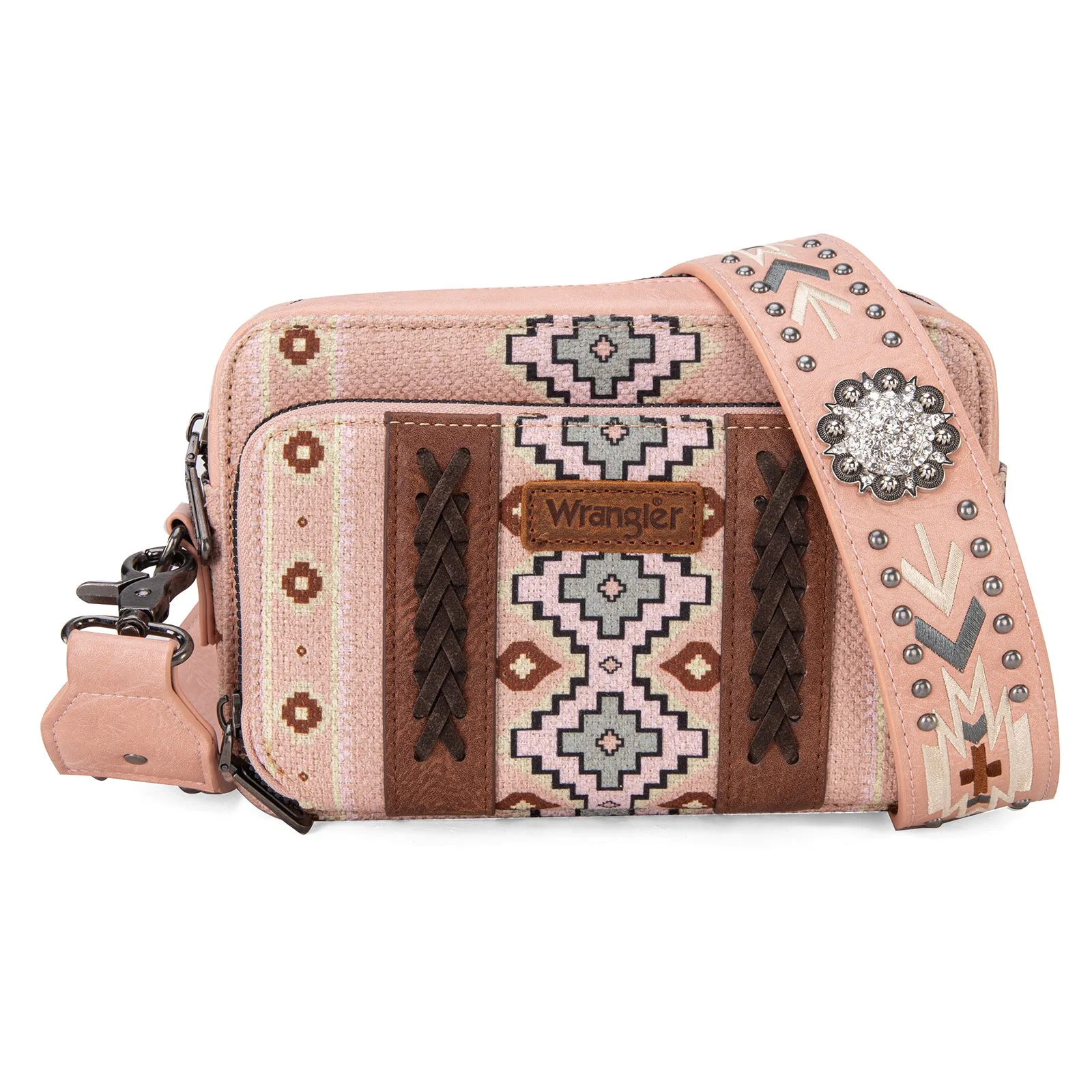 WG2207-3003  Wrangler Aztec Printed Crossbody Purse With Wallet Compartment - Pink