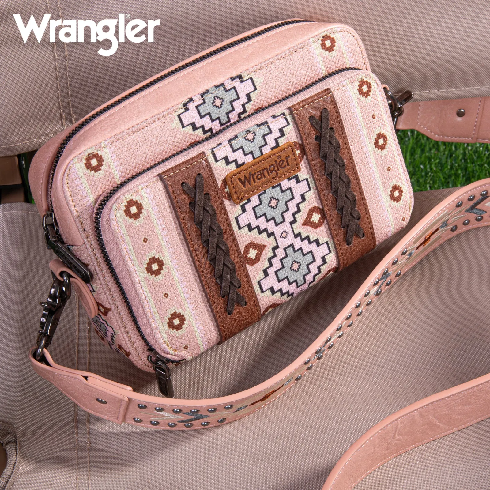 WG2207-3003  Wrangler Aztec Printed Crossbody Purse With Wallet Compartment - Pink