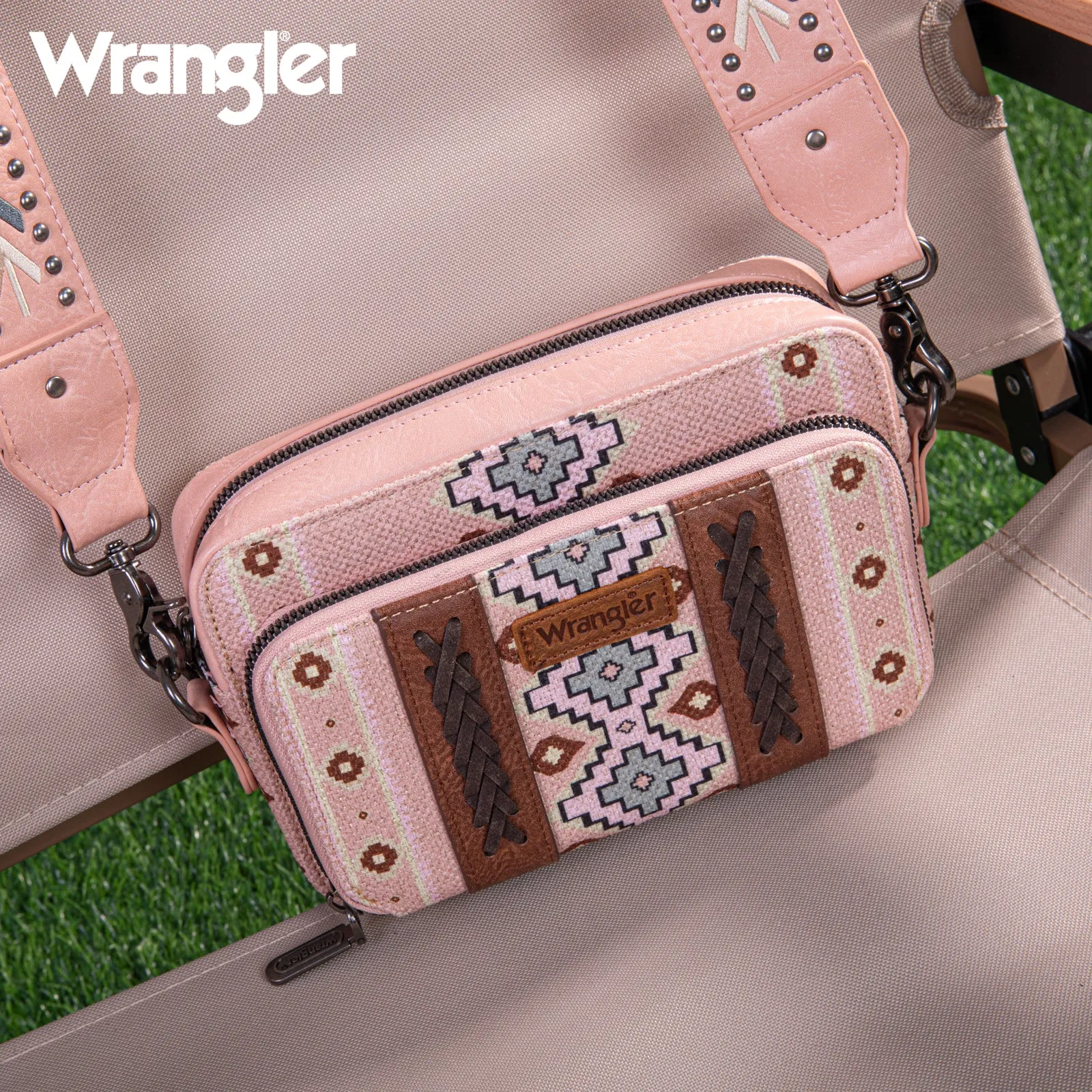 WG2207-3003  Wrangler Aztec Printed Crossbody Purse With Wallet Compartment - Pink