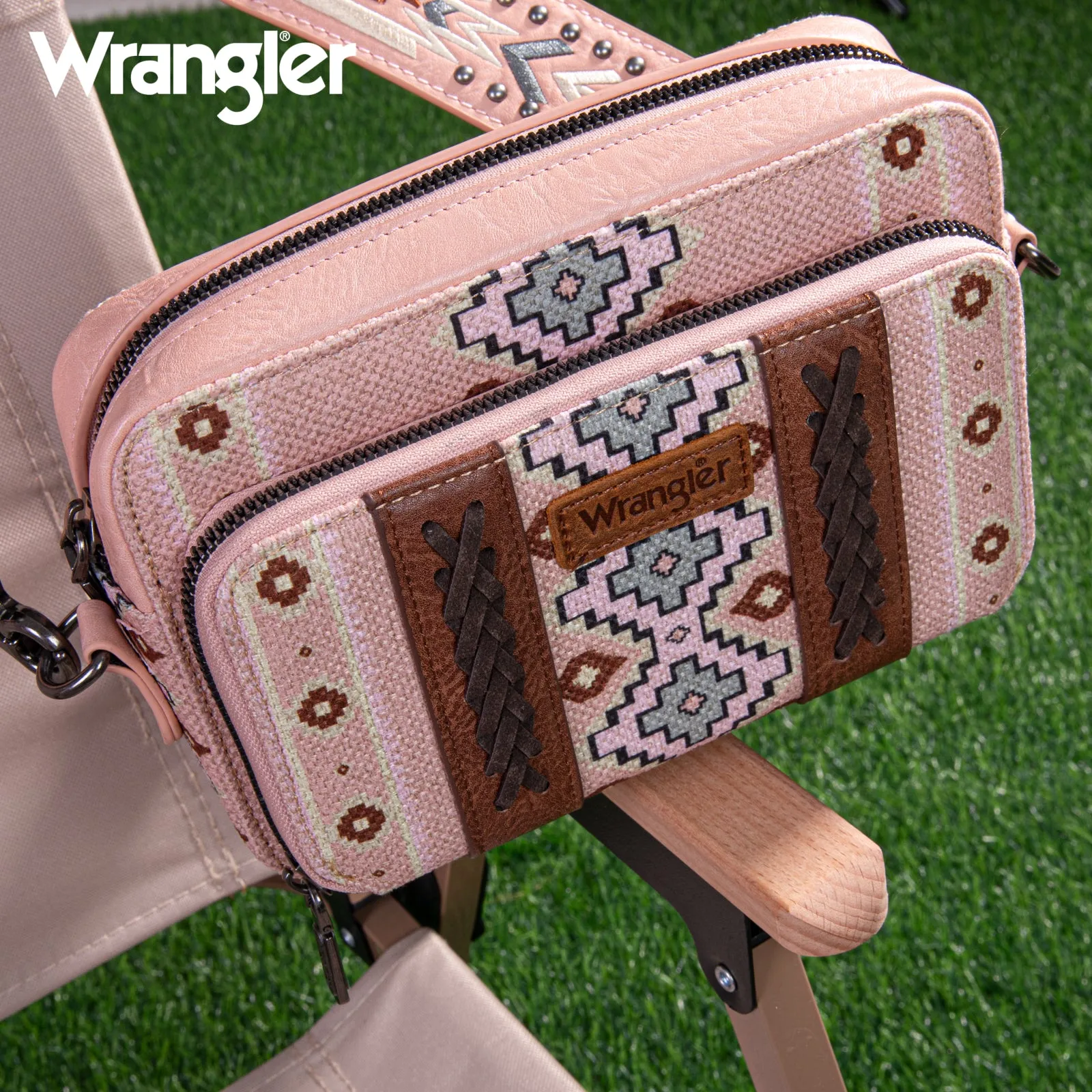 WG2207-3003  Wrangler Aztec Printed Crossbody Purse With Wallet Compartment - Pink