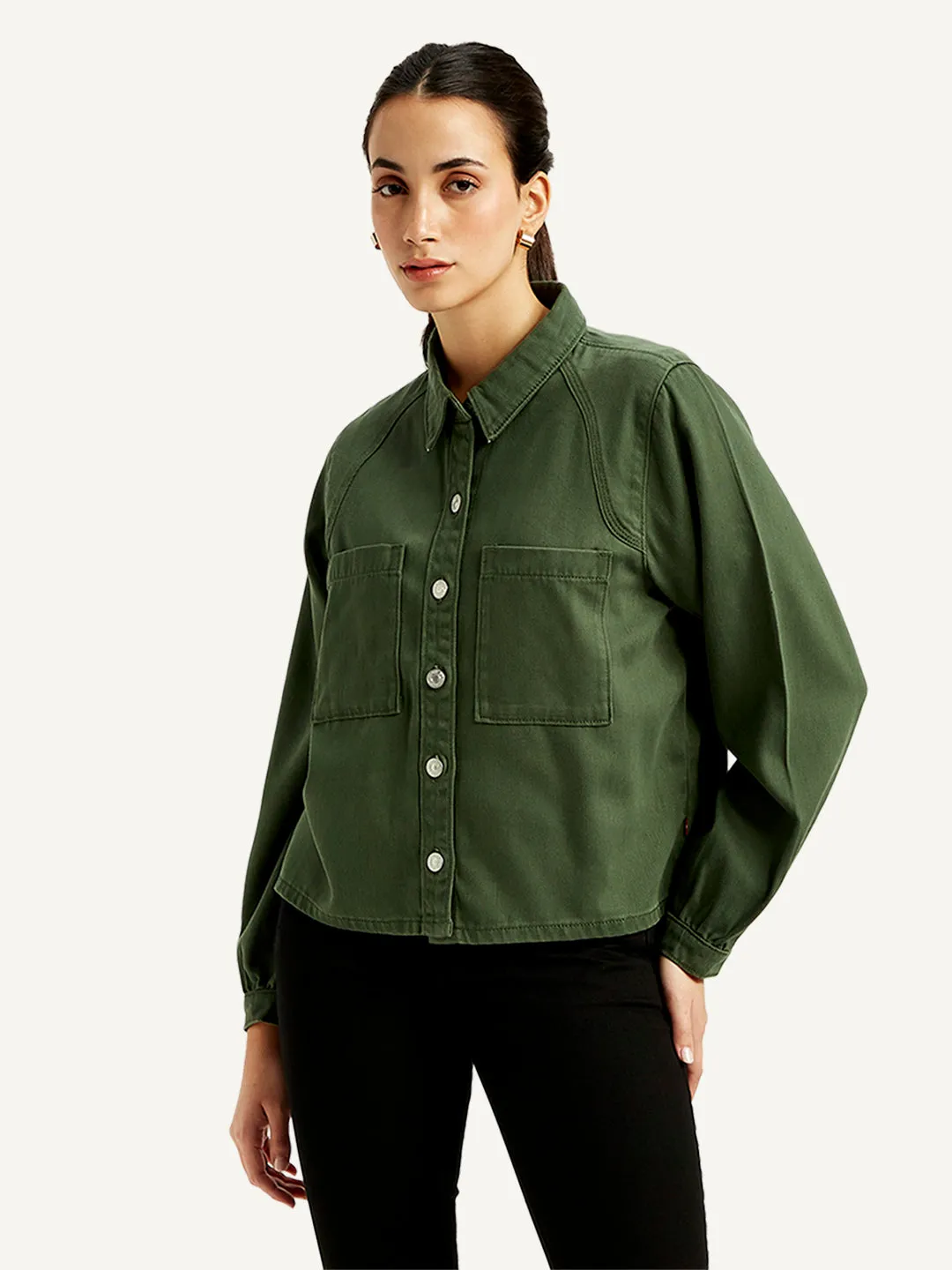 Women's Solid Olive Spread Collar Jacket